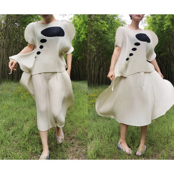 Issey Miyake Pleats please beige dress set top skirt 2 piece - Picture 8 of 10